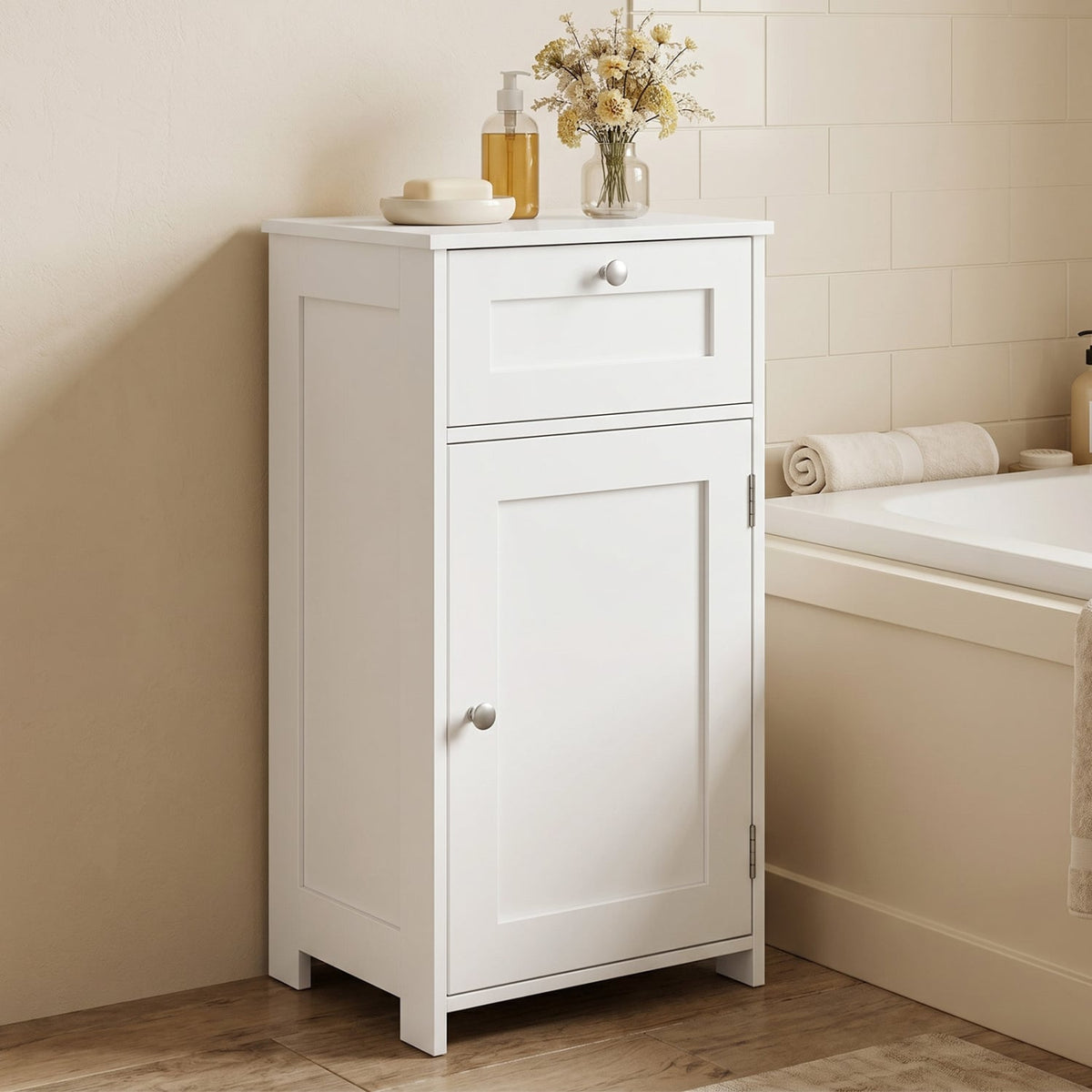 Single Door Bathroom Cabinet with Adjustable Shelf and Drawer-White-Floor Cabinets-DECOROLALA