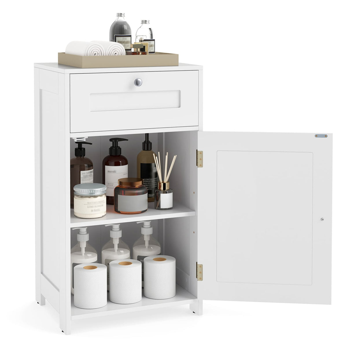 Single Door Bathroom Cabinet with Adjustable Shelf and Drawer-White-Floor Cabinets-DECOROLALA
