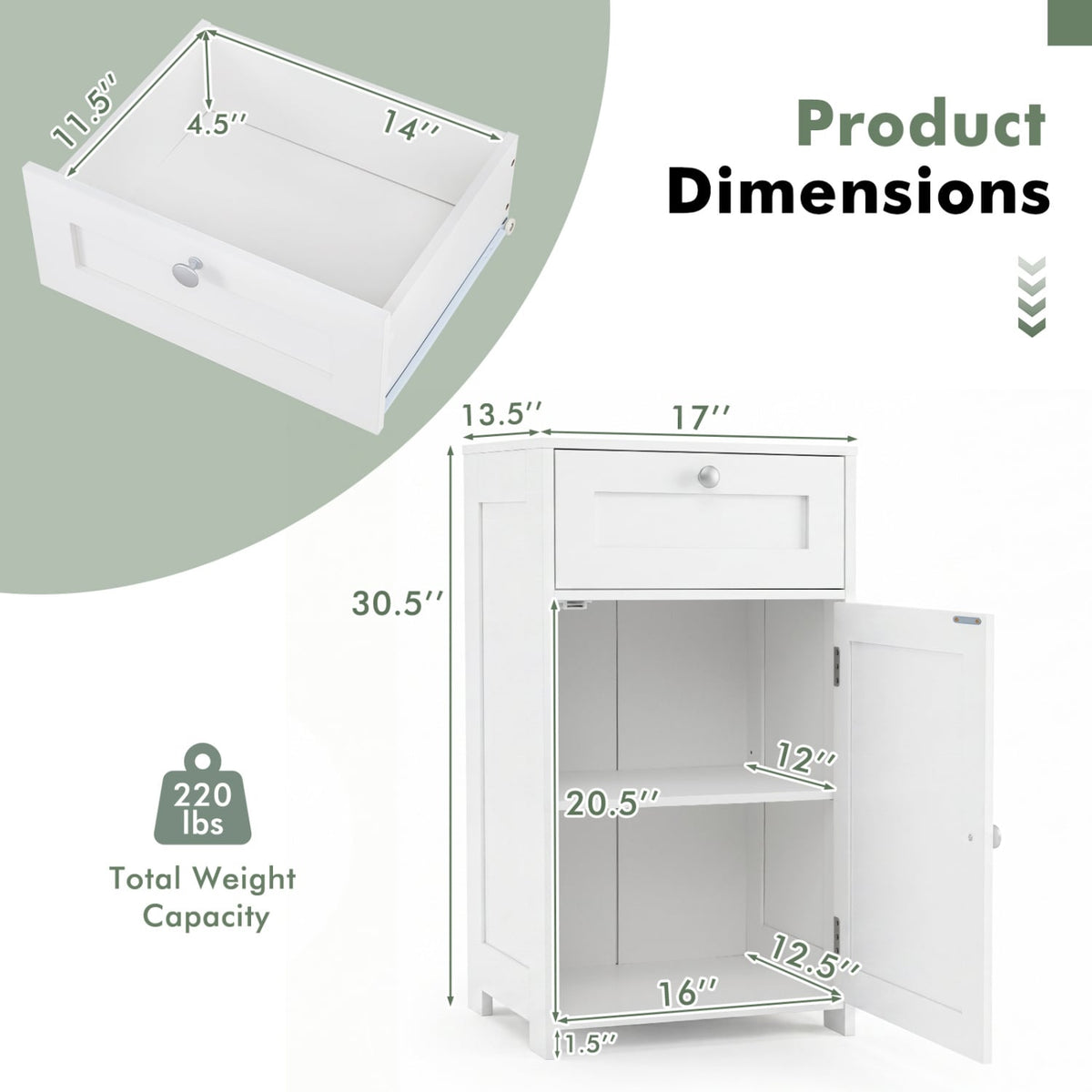 Single Door Bathroom Cabinet with Adjustable Shelf and Drawer-White-Floor Cabinets-DECOROLALA