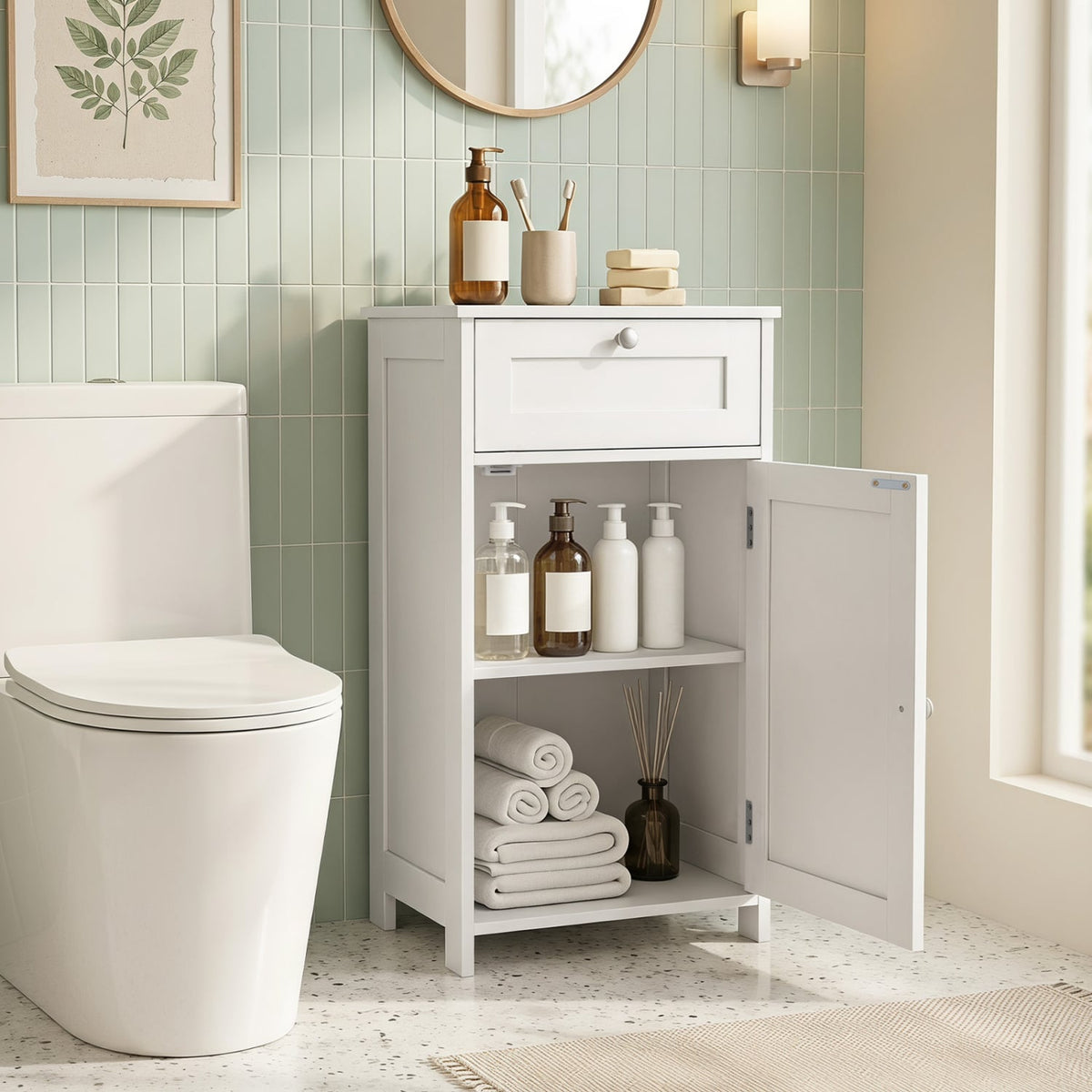 Single Door Bathroom Cabinet with Adjustable Shelf and Drawer-White-Floor Cabinets-DECOROLALA