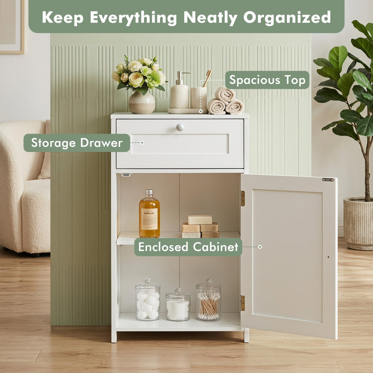 Single Door Bathroom Cabinet with Adjustable Shelf and Drawer-White-Floor Cabinets-DECOROLALA