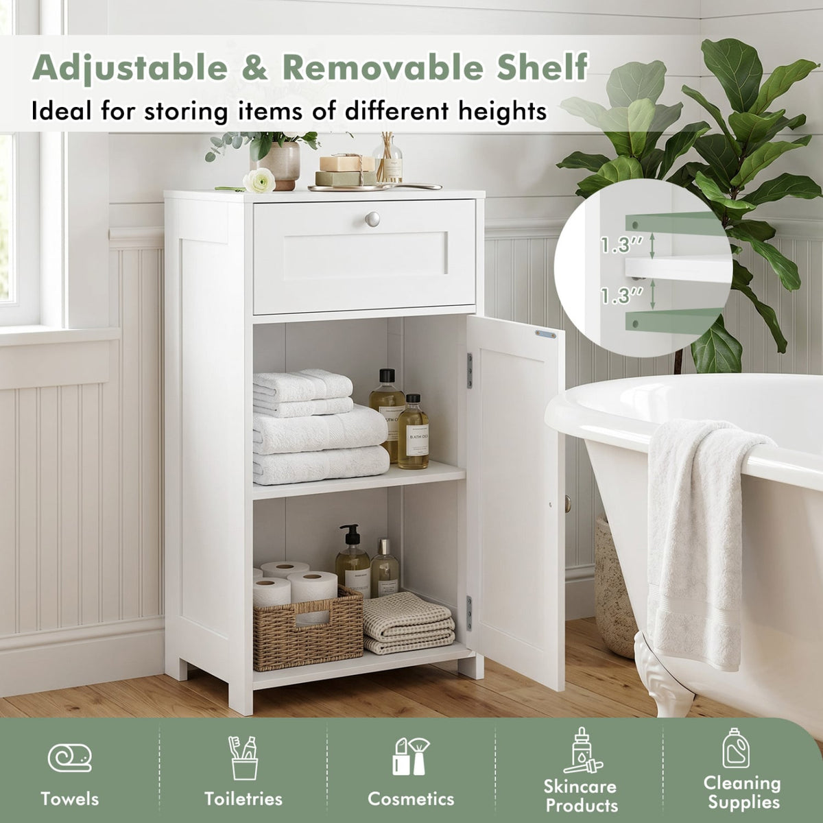 Single Door Bathroom Cabinet with Adjustable Shelf and Drawer-White-Floor Cabinets-DECOROLALA