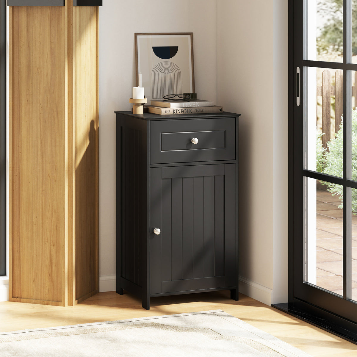 Single Door Bathroom Cabinet with Drawer - Black 30.5" MDF-Floor Cabinets-DECOROLALA