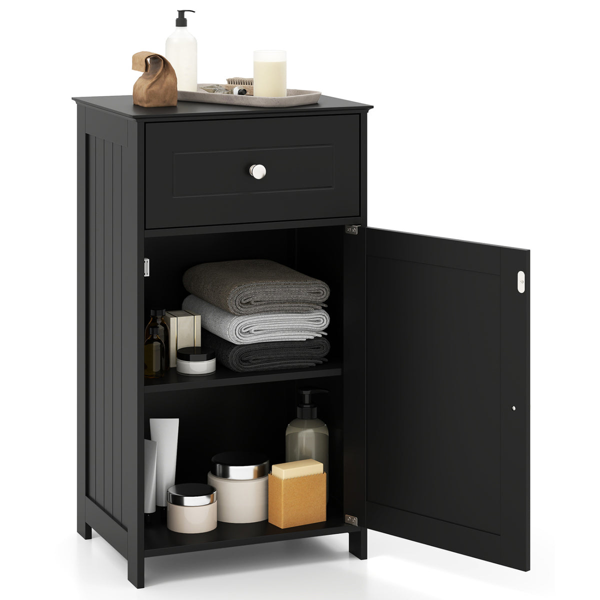Single Door Bathroom Cabinet with Drawer - Black 30.5" MDF-Floor Cabinets-DECOROLALA