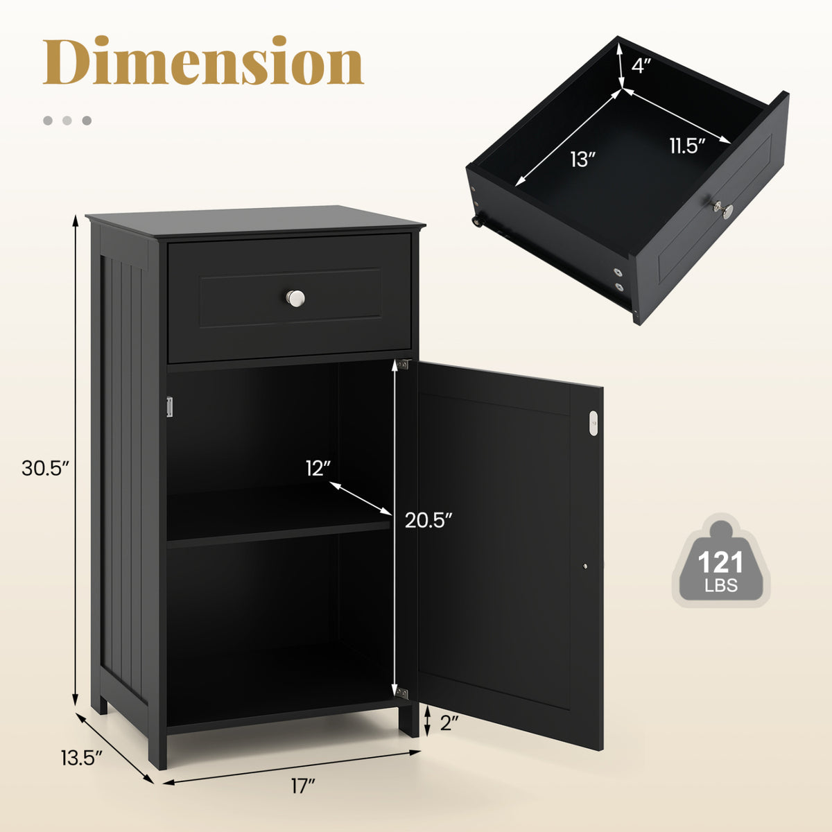 Single Door Bathroom Cabinet with Drawer - Black 30.5" MDF-Floor Cabinets-DECOROLALA