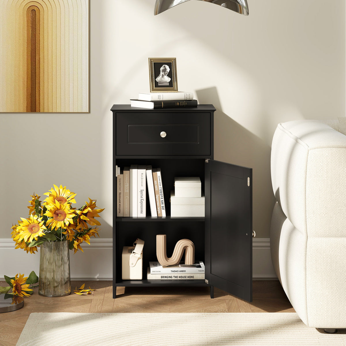 Single Door Bathroom Cabinet with Drawer - Black 30.5" MDF-Floor Cabinets-DECOROLALA