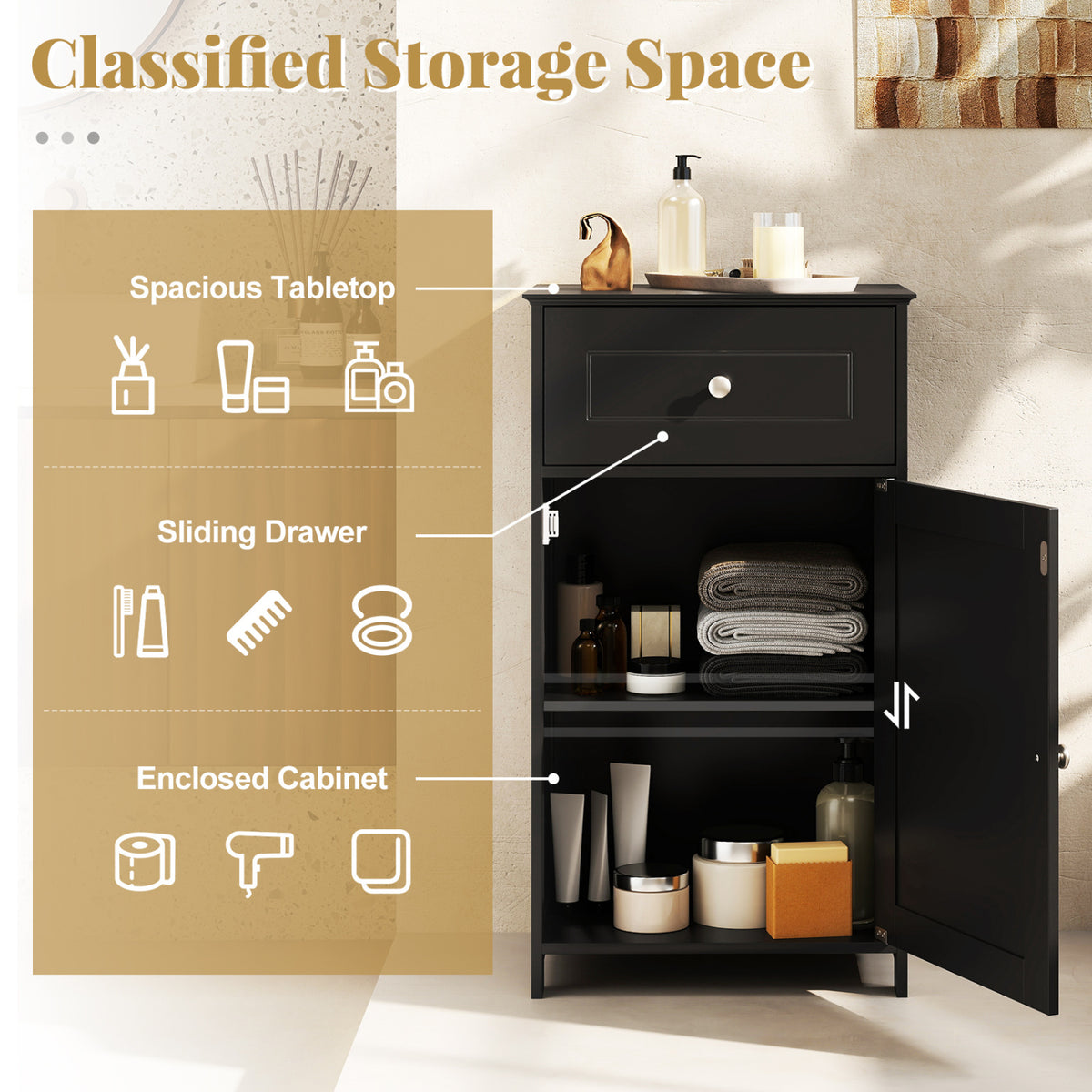 Single Door Bathroom Cabinet with Drawer - Black 30.5" MDF-Floor Cabinets-DECOROLALA