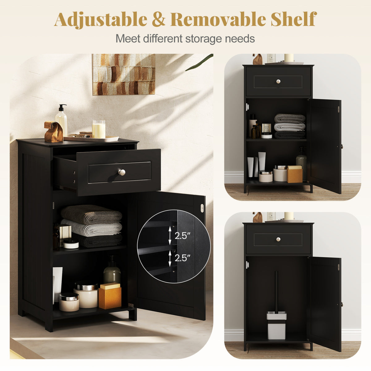 Single Door Bathroom Cabinet with Drawer - Black 30.5" MDF-Floor Cabinets-DECOROLALA
