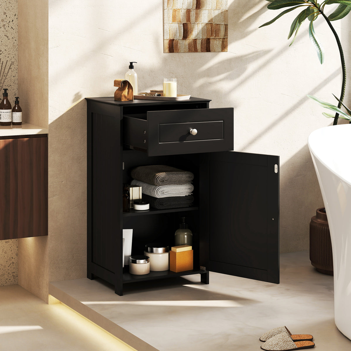 Single Door Bathroom Cabinet with Drawer - Black 30.5" MDF-Floor Cabinets-DECOROLALA