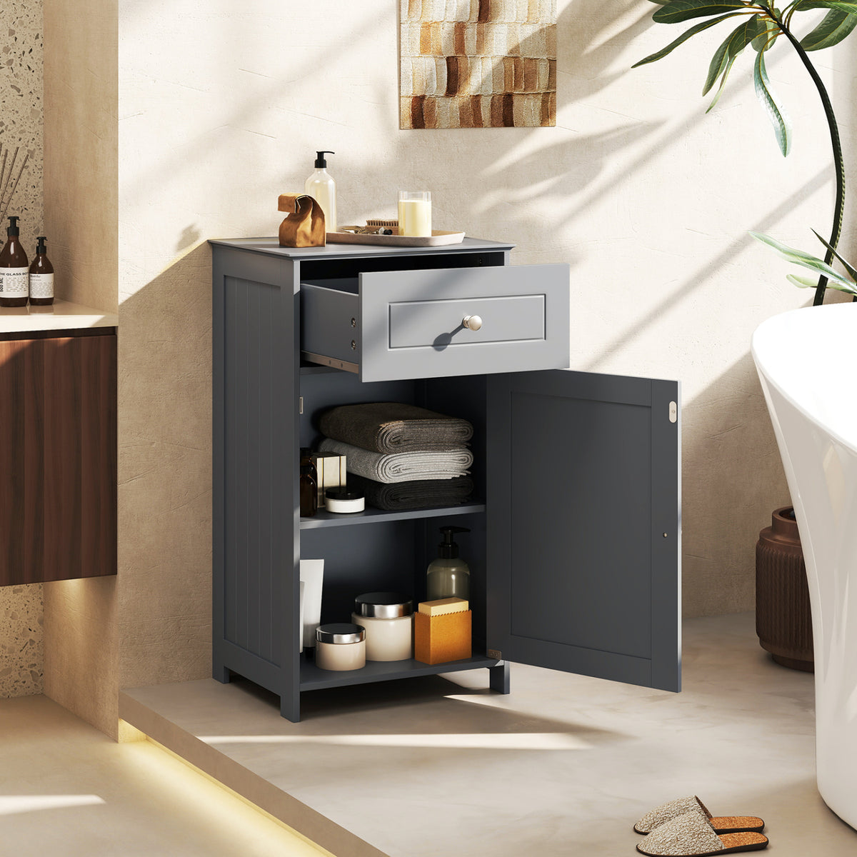 Single Door Bathroom Cabinet with Drawer and Shelf - Gray-Floor Cabinets-DECOROLALA