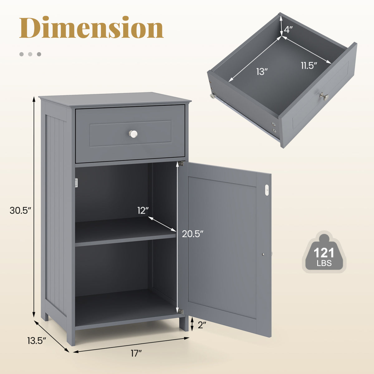 Single Door Bathroom Cabinet with Drawer and Shelf - Gray-Floor Cabinets-DECOROLALA