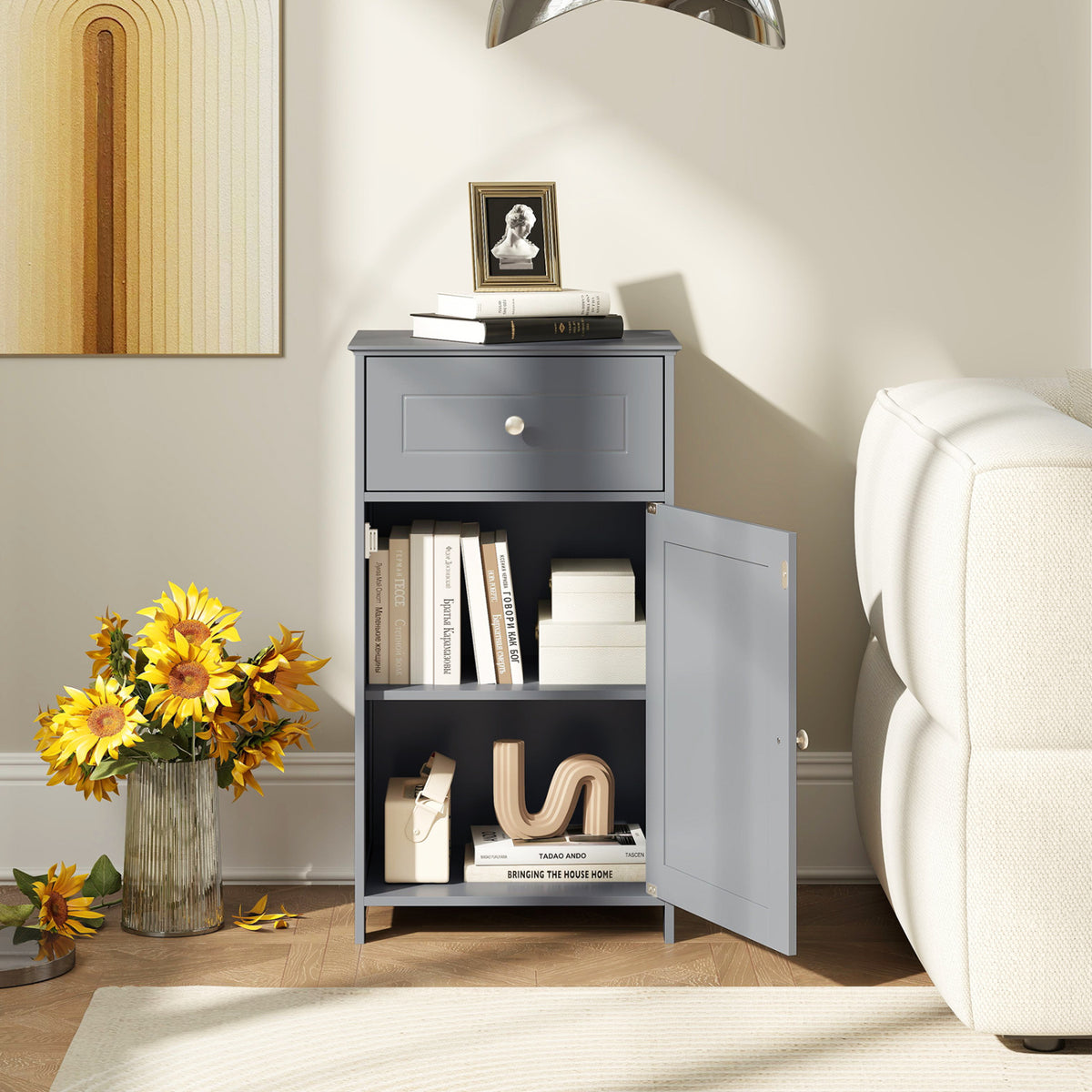 Single Door Bathroom Cabinet with Drawer and Shelf - Gray-Floor Cabinets-DECOROLALA