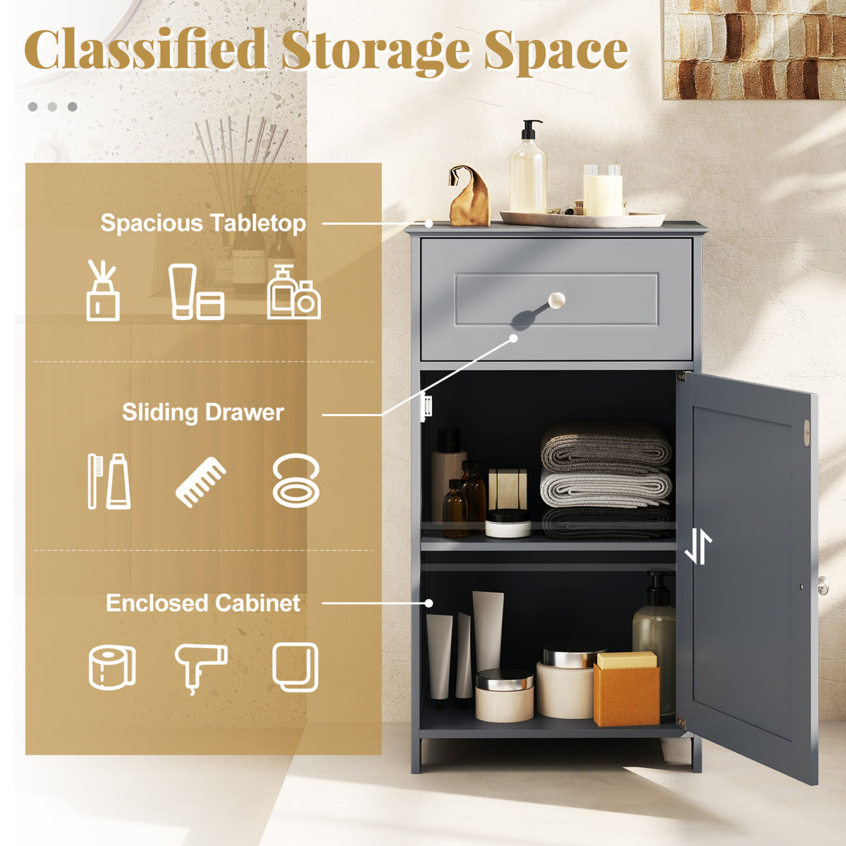 Single Door Bathroom Cabinet with Drawer and Shelf - Gray-Floor Cabinets-DECOROLALA