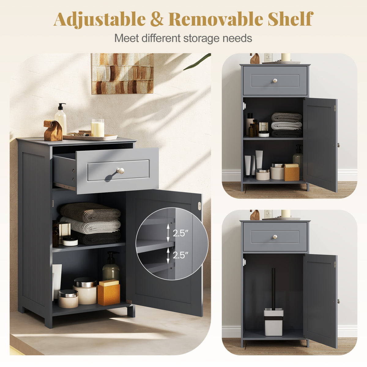 Single Door Bathroom Cabinet with Drawer and Shelf - Gray-Floor Cabinets-DECOROLALA
