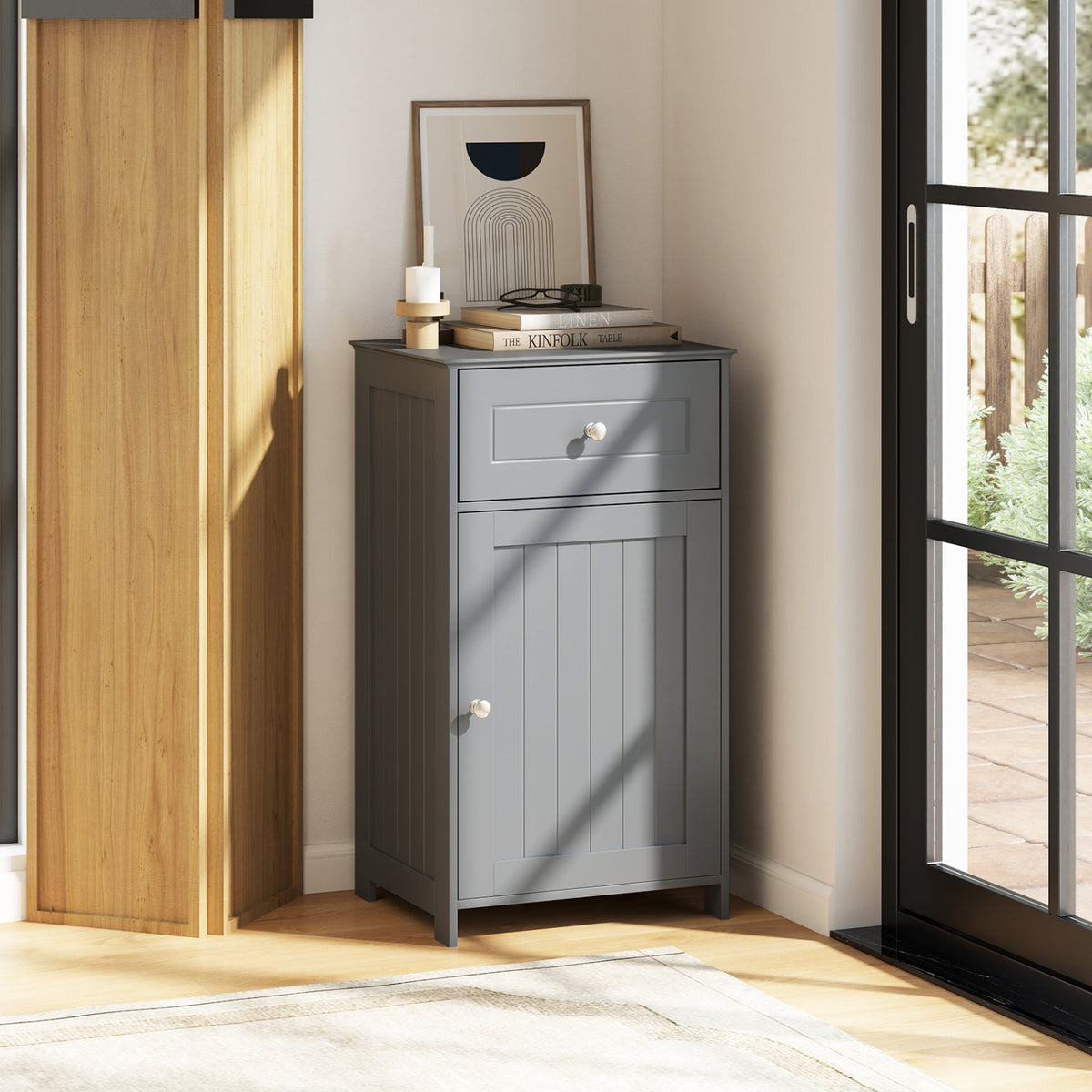 Single Door Bathroom Cabinet with Drawer and Shelf - Gray-Floor Cabinets-DECOROLALA
