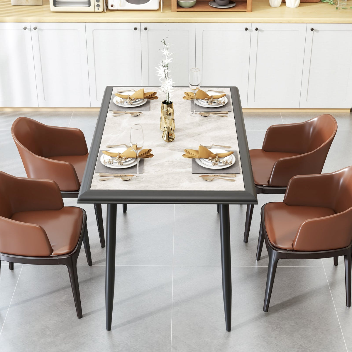 Sintered Stone Dining Table 44" Rectangular Kitchen Table with Metal Frame Indoor Modern Breakfast Table for Living Room Dining Room-Golden-Dining Tables-DECOROLALA
