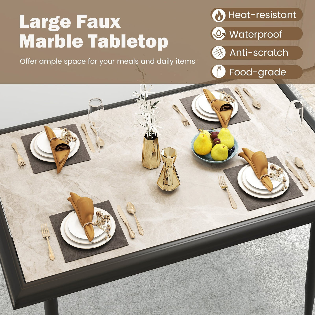Sintered Stone Dining Table 44" Rectangular Kitchen Table with Metal Frame Indoor Modern Breakfast Table for Living Room Dining Room-Golden-Dining Tables-DECOROLALA