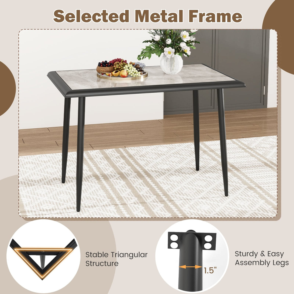 Sintered Stone Dining Table 44" Rectangular Kitchen Table with Metal Frame Indoor Modern Breakfast Table for Living Room Dining Room-Golden-Dining Tables-DECOROLALA