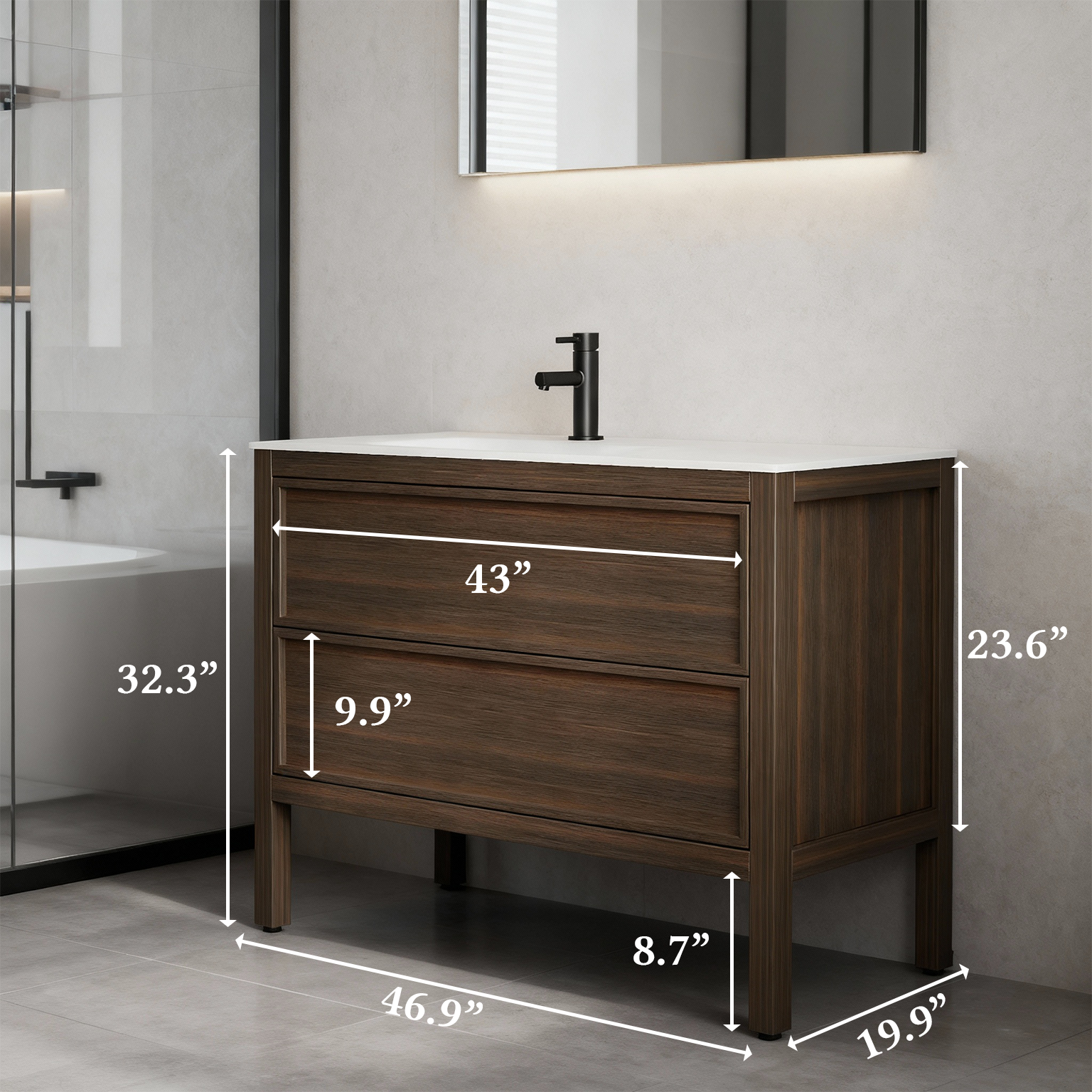 48" Smoked Oak Freestanding Single Sink Bathroom Vanity with White Solid Surface Countertop