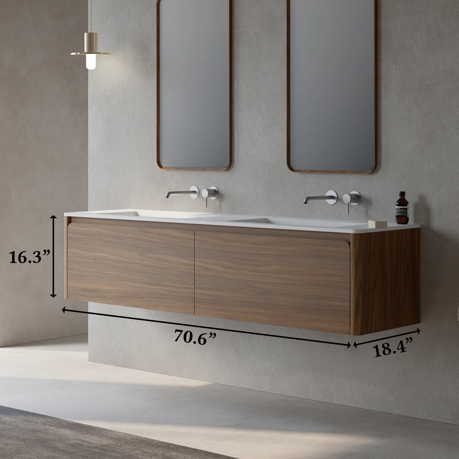 72" Walnut Wall Mount Double Sink Bathroom Vanity with Matte White Solid Surface Countertop
