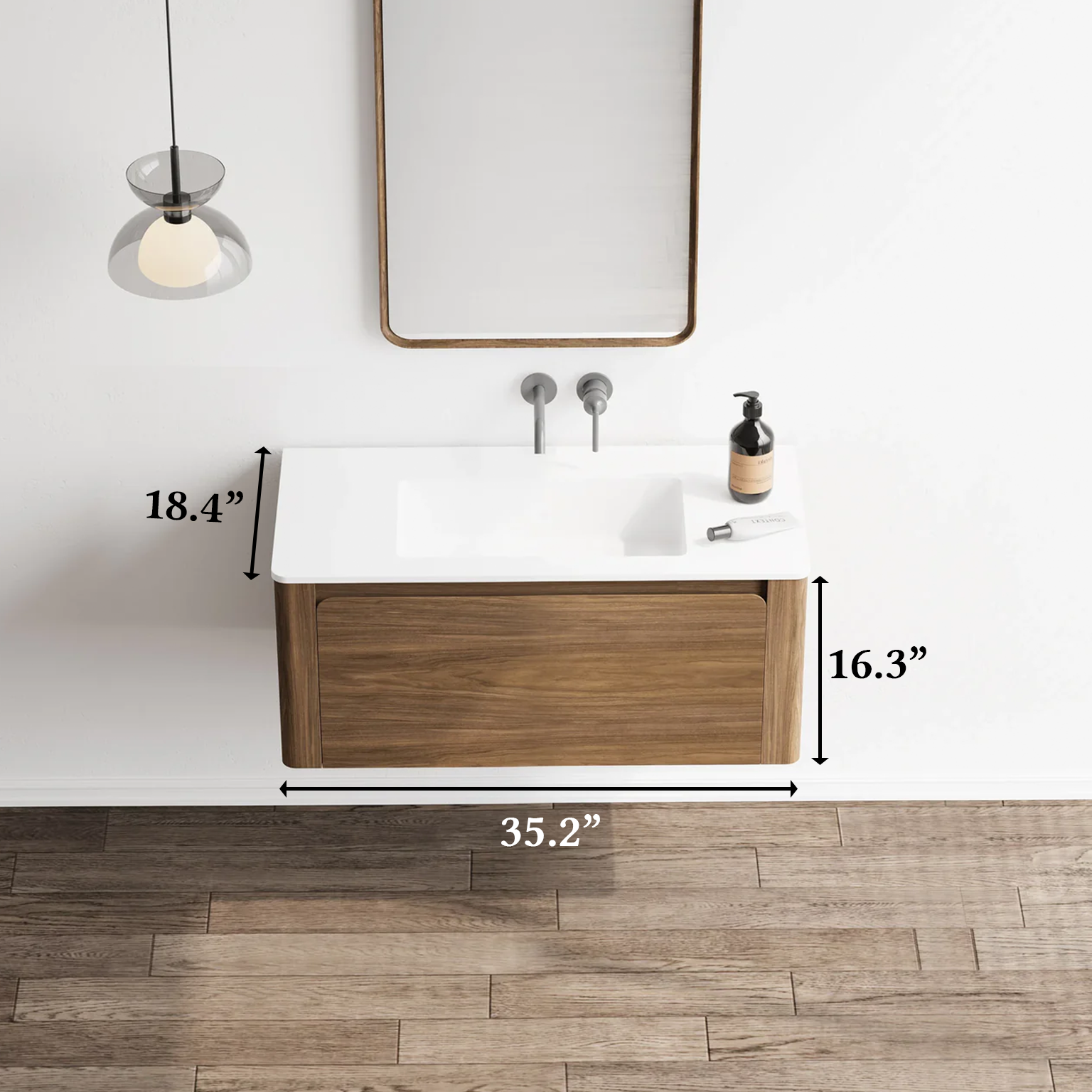 36" Walnut Wall Mount Bathroom Vanity with Matte White Solid Surface Countertop