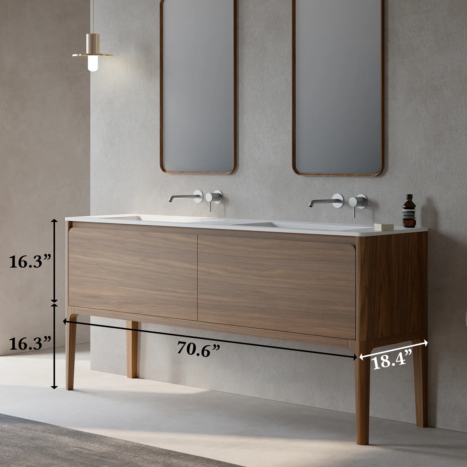 72" Walnut Wall Mount Double Sink Bathroom Vanity with Matte White Solid Surface Countertop