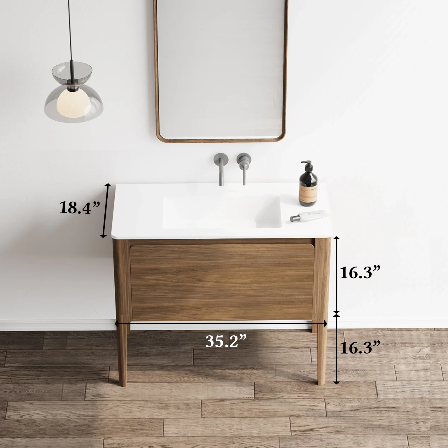 36" Walnut Wall Mount Bathroom Vanity with Matte White Solid Surface Countertop