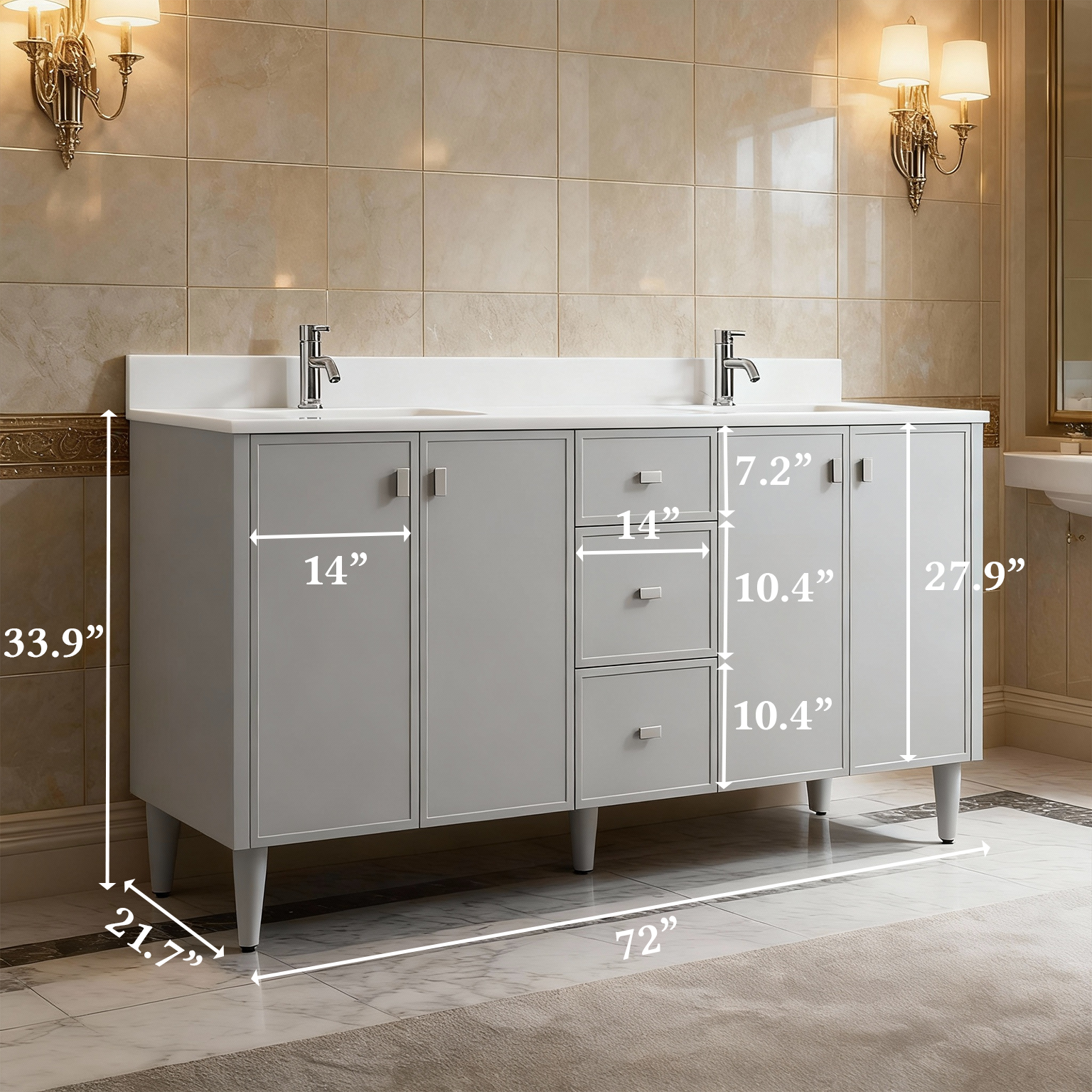 72" Hampton Grey Double Sink Freestanding Vanity with Pure White Quartz Countertop