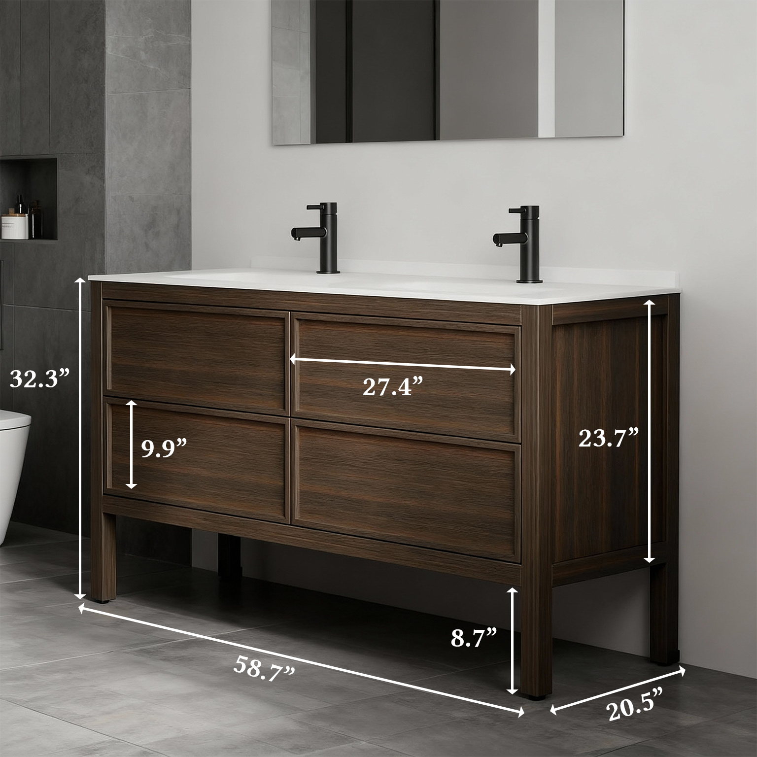 60" Smoked Oak Freestanding Double Sink Bathroom Vanity with White Solid Surface Countertop