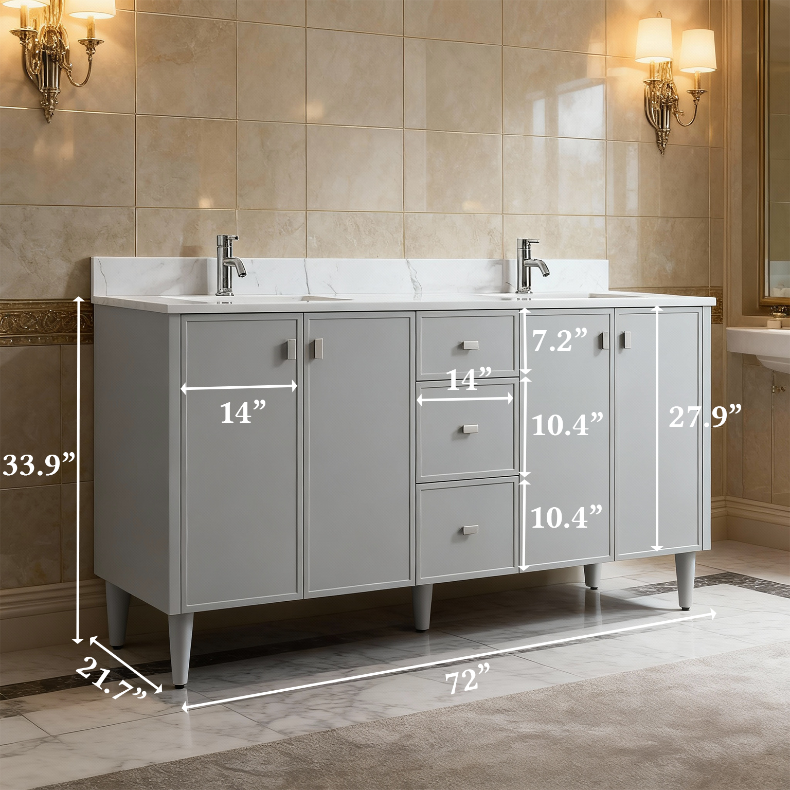 72" Hampton Grey Double Sink Freestanding Vanity with Engineered Calcutta Marble
