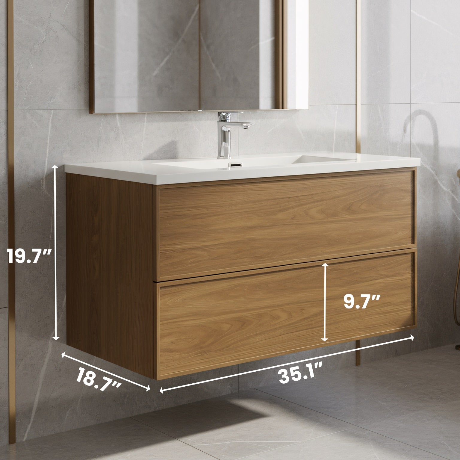36" Honey Gold Walnut Wall Mount Bathroom Vanity with White Polymarble Countertop