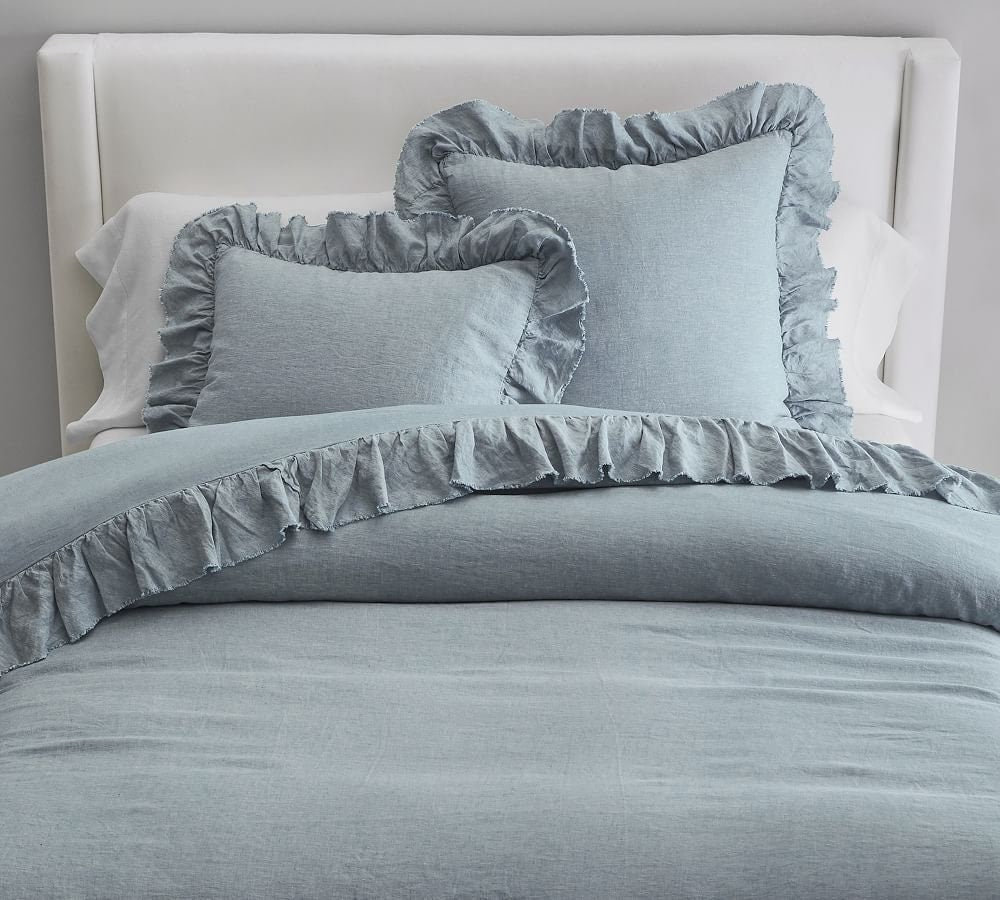 Sky Blue 3 Piece Ruffle Duvet Cover Set - Handmade Linen Mix-n/a-DECOROLALA