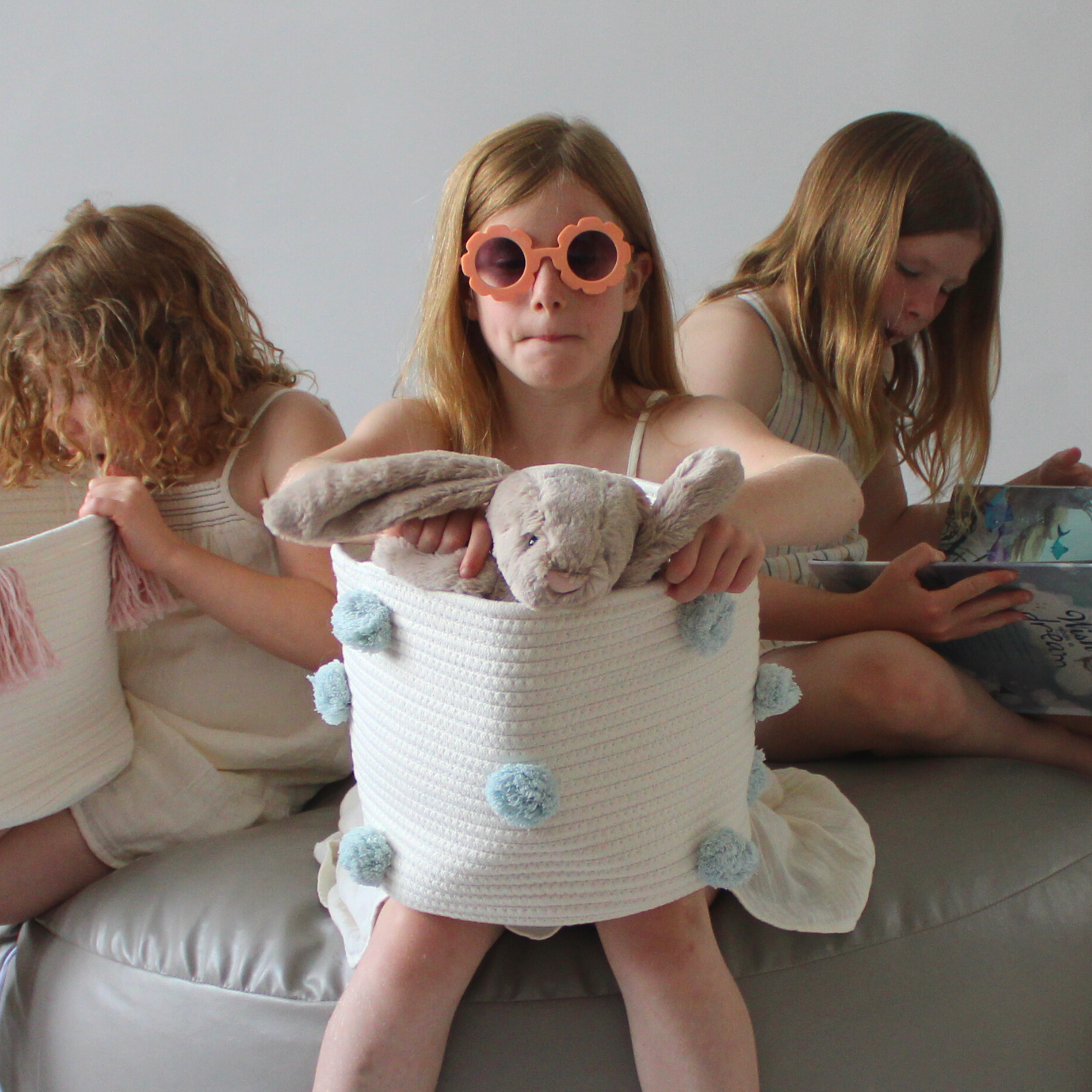 Sky Blue Pom Basket - Medium-Basket-DECOROLALA