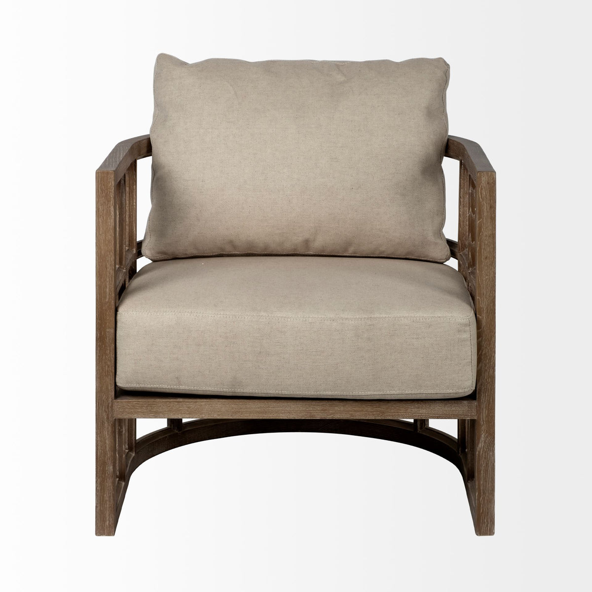 Skylar II Tan Fabric Covered Cushioned Demi-Lune Wooden Frame Accent Chair-Accent Chairs-DECOROLALA