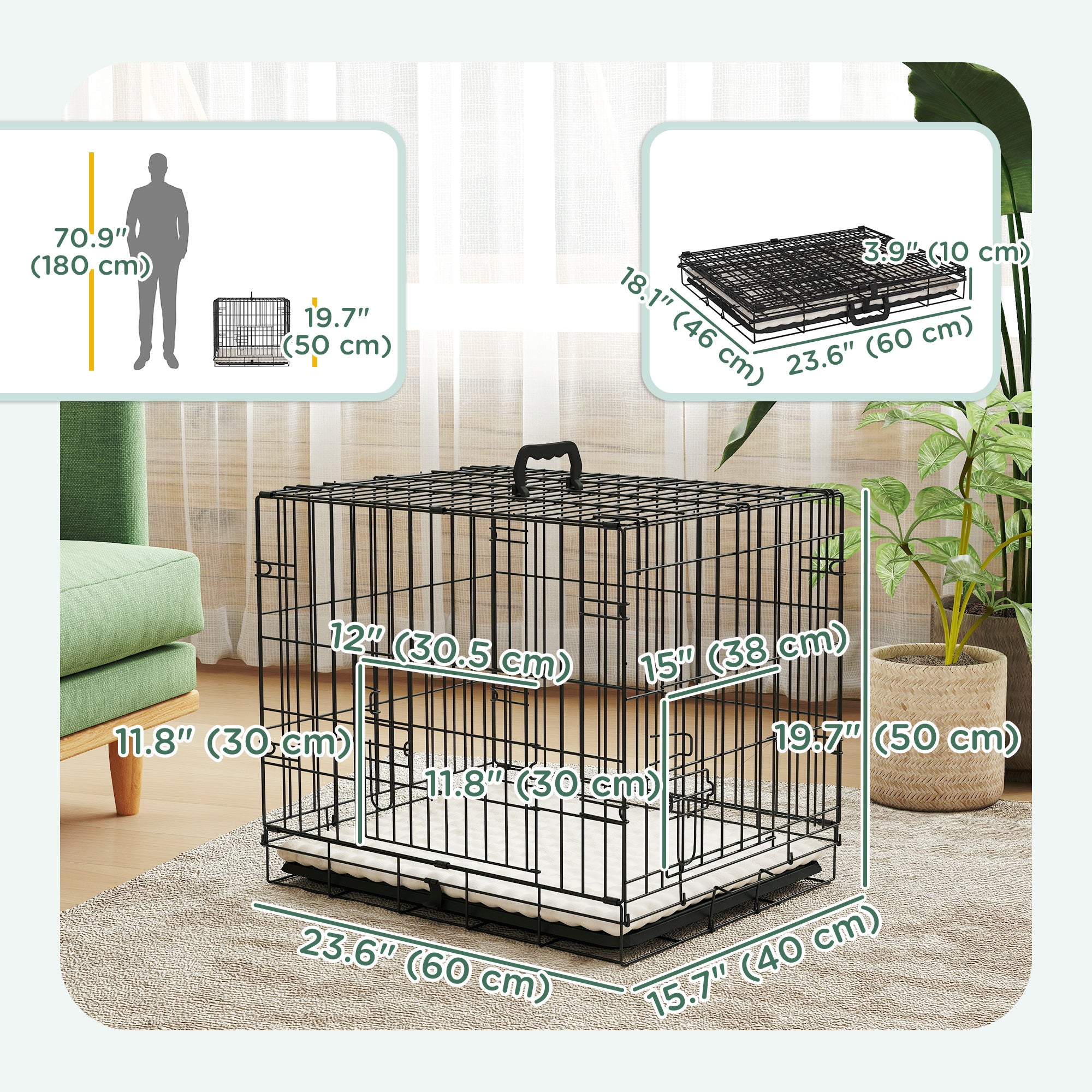 24" Dog Crate with 2 Doors, Folding Metal Dog Cage with Soft Cushion, Removable Tray, Handle for Extra Small Dogs, Black