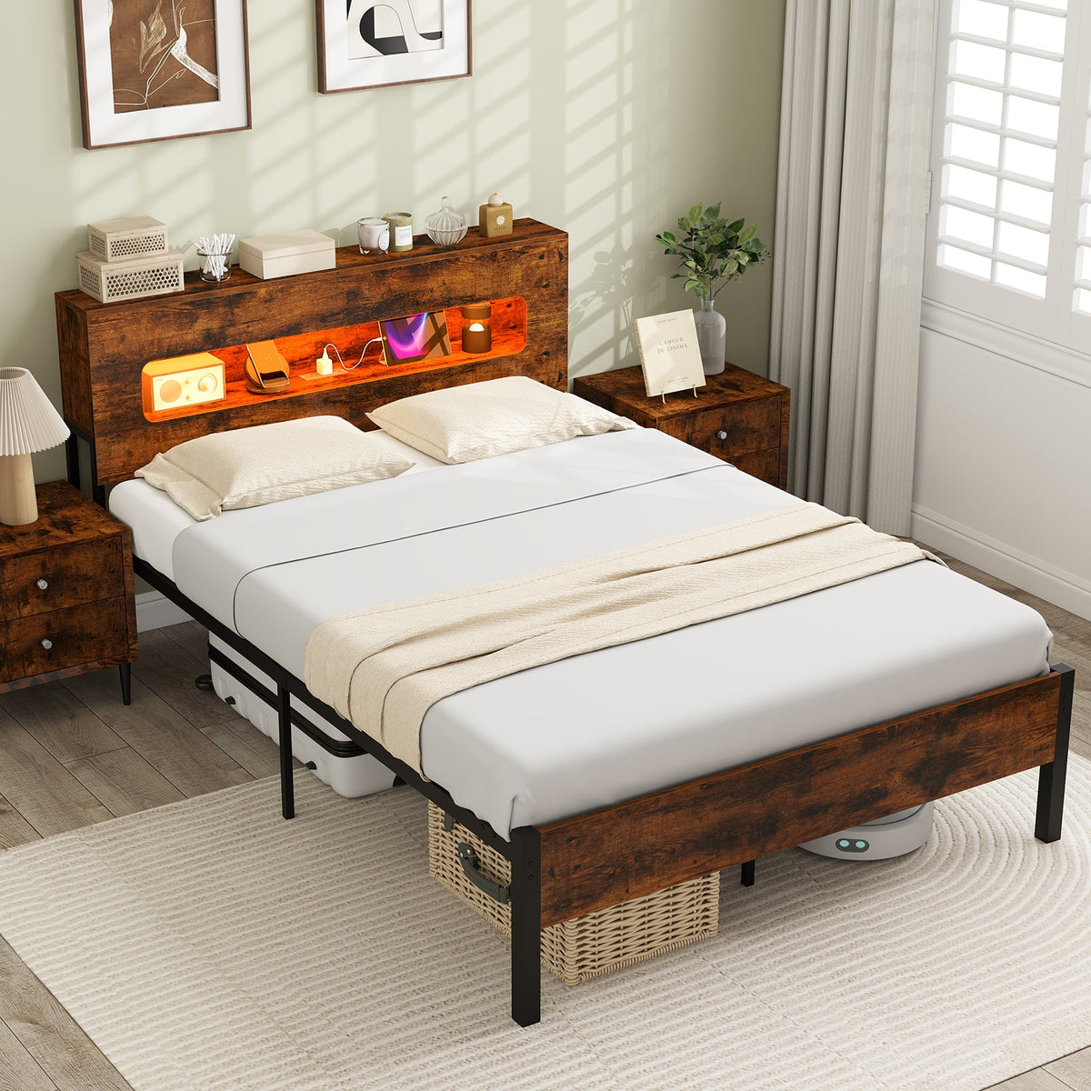 Slatted Full Bed Frame with LED Lights and Storage Headboard No Box Spring Needed-Full Size-Simple Bed Frame-DECOROLALA
