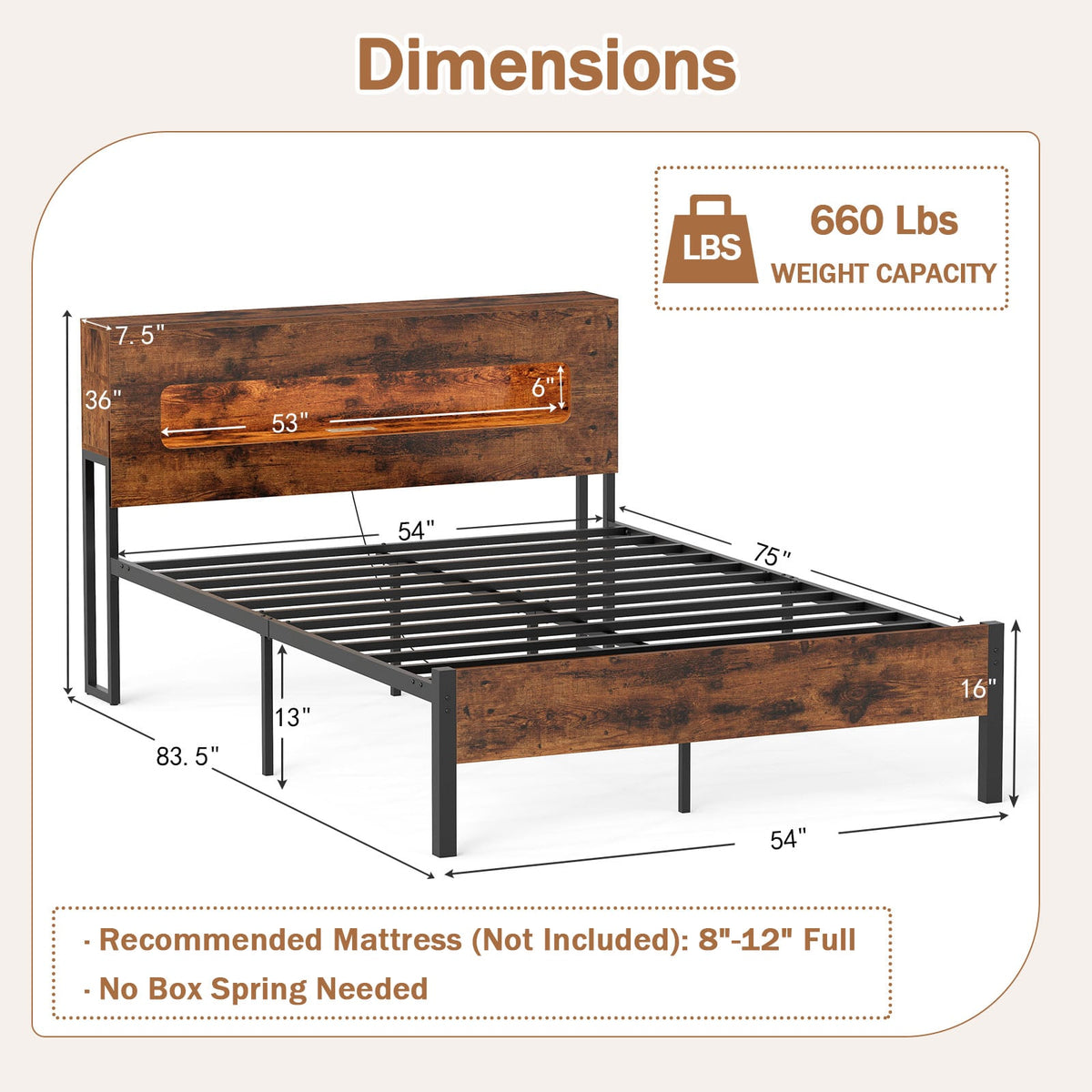 Slatted Full Bed Frame with LED Lights and Storage Headboard No Box Spring Needed-Full Size-Simple Bed Frame-DECOROLALA