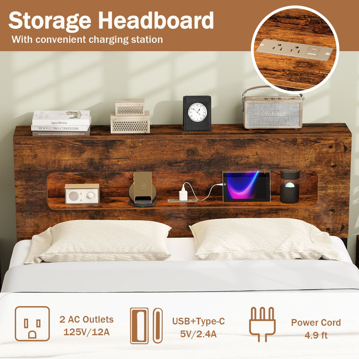 Slatted Full Bed Frame with LED Lights and Storage Headboard No Box Spring Needed-Full Size-Simple Bed Frame-DECOROLALA