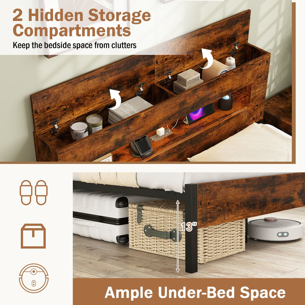 Slatted Full Bed Frame with LED Lights and Storage Headboard No Box Spring Needed-Full Size-Simple Bed Frame-DECOROLALA