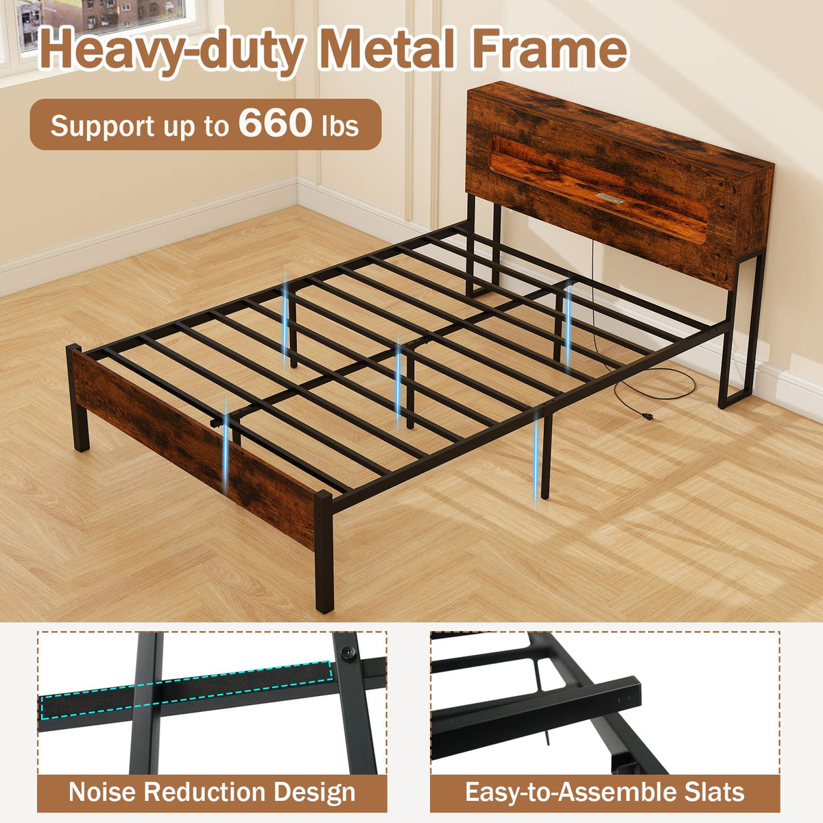 Slatted Full Bed Frame with LED Lights and Storage Headboard No Box Spring Needed-Full Size-Simple Bed Frame-DECOROLALA