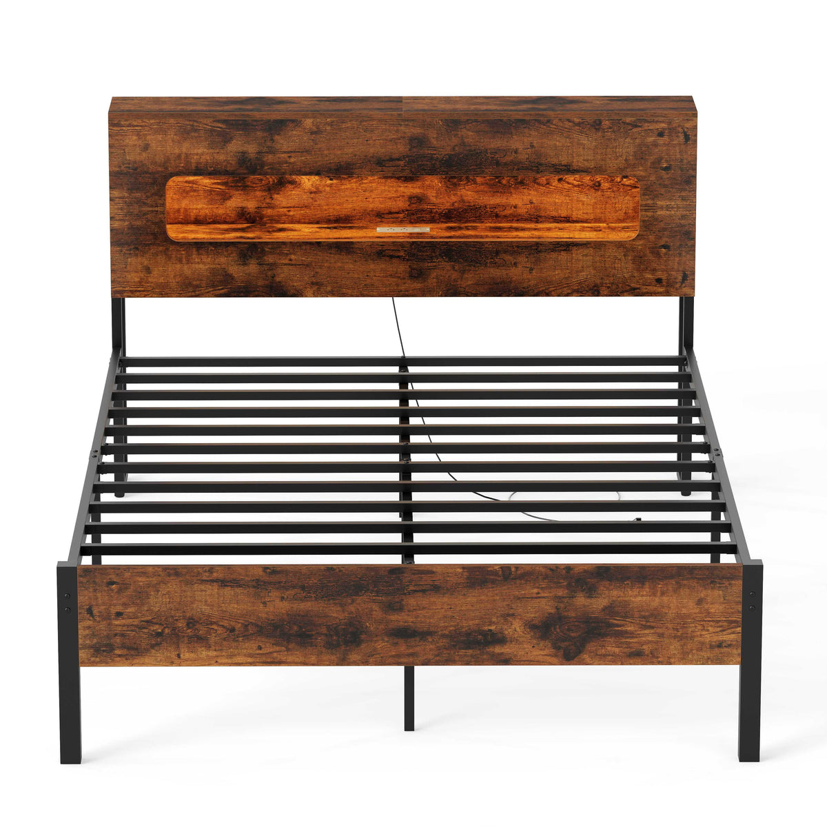Slatted Full Bed Frame with LED Lights and Storage Headboard No Box Spring Needed-Full Size-Simple Bed Frame-DECOROLALA