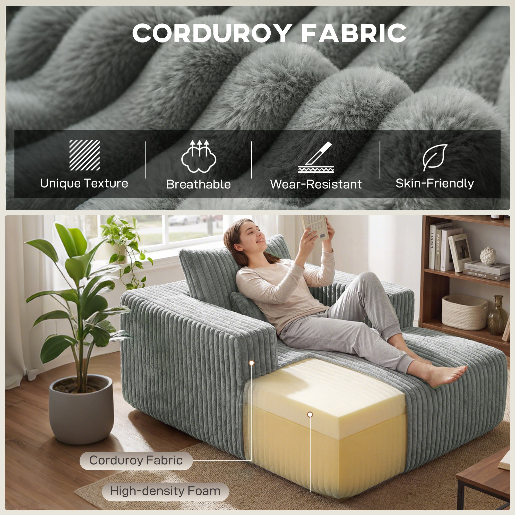 Sleeper Chair Bed with Pillow - Grey Corduroy-DECOROLALA