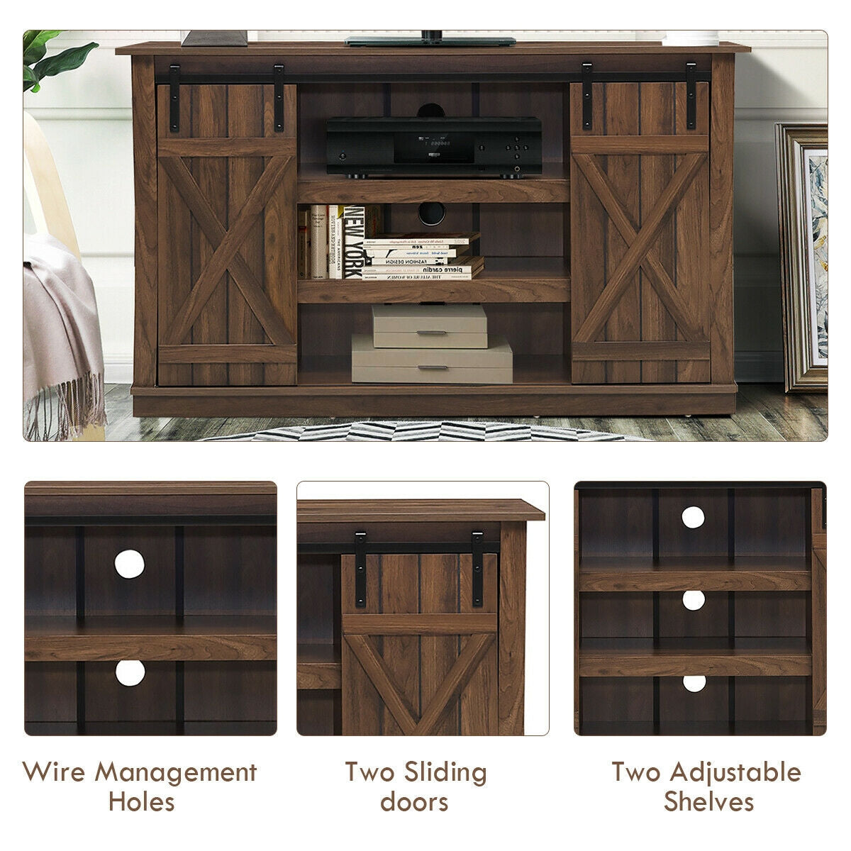 Sliding Barn TV Stand Console Table-Brown-Entertainment Centers & TV Stands-DECOROLALA