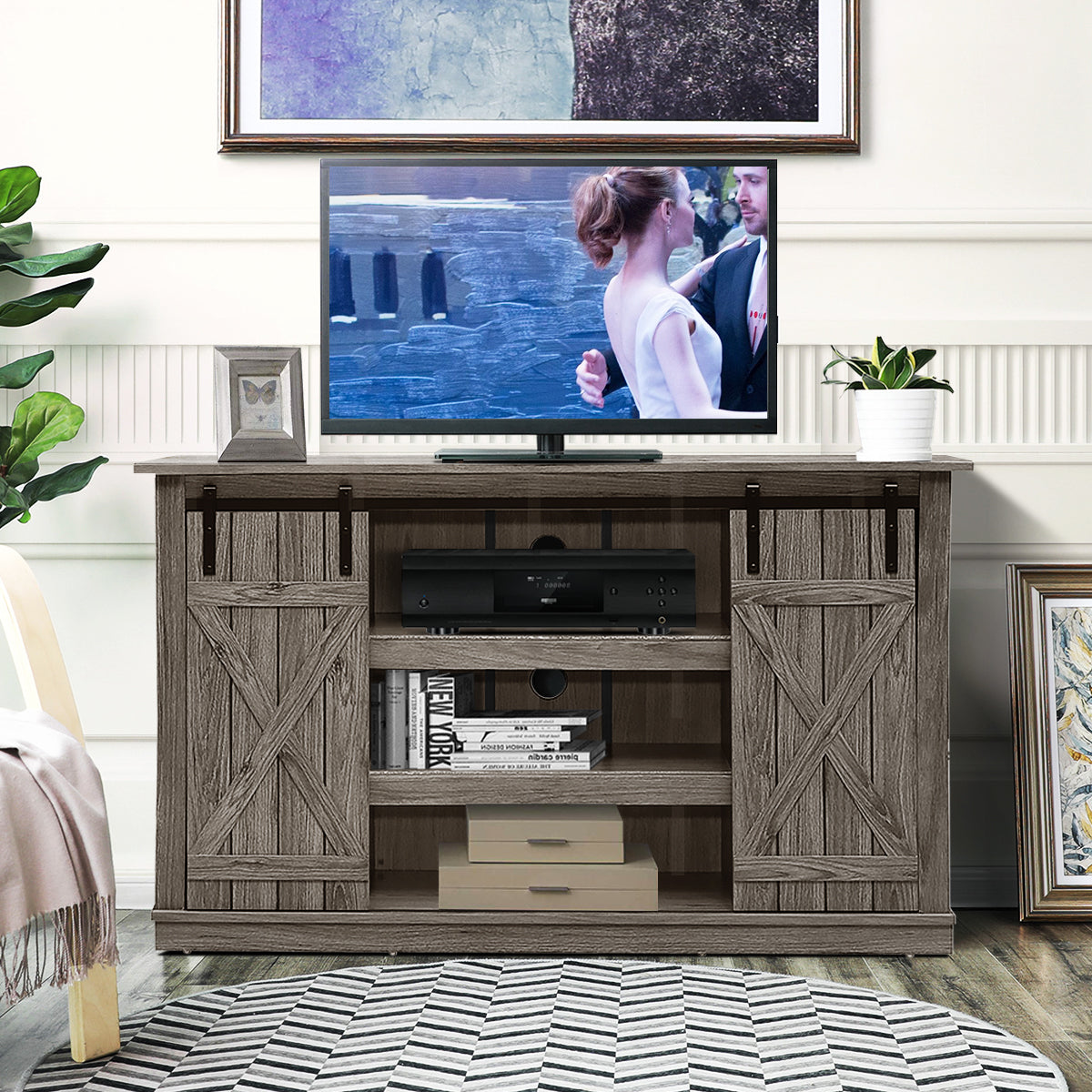 Sliding Barn TV Stand Console Table-Gray-Entertainment Centers & TV Stands-DECOROLALA