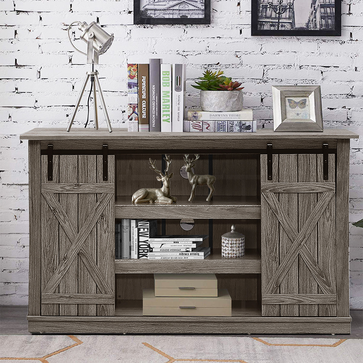 Sliding Barn TV Stand Console Table-Gray-Entertainment Centers & TV Stands-DECOROLALA
