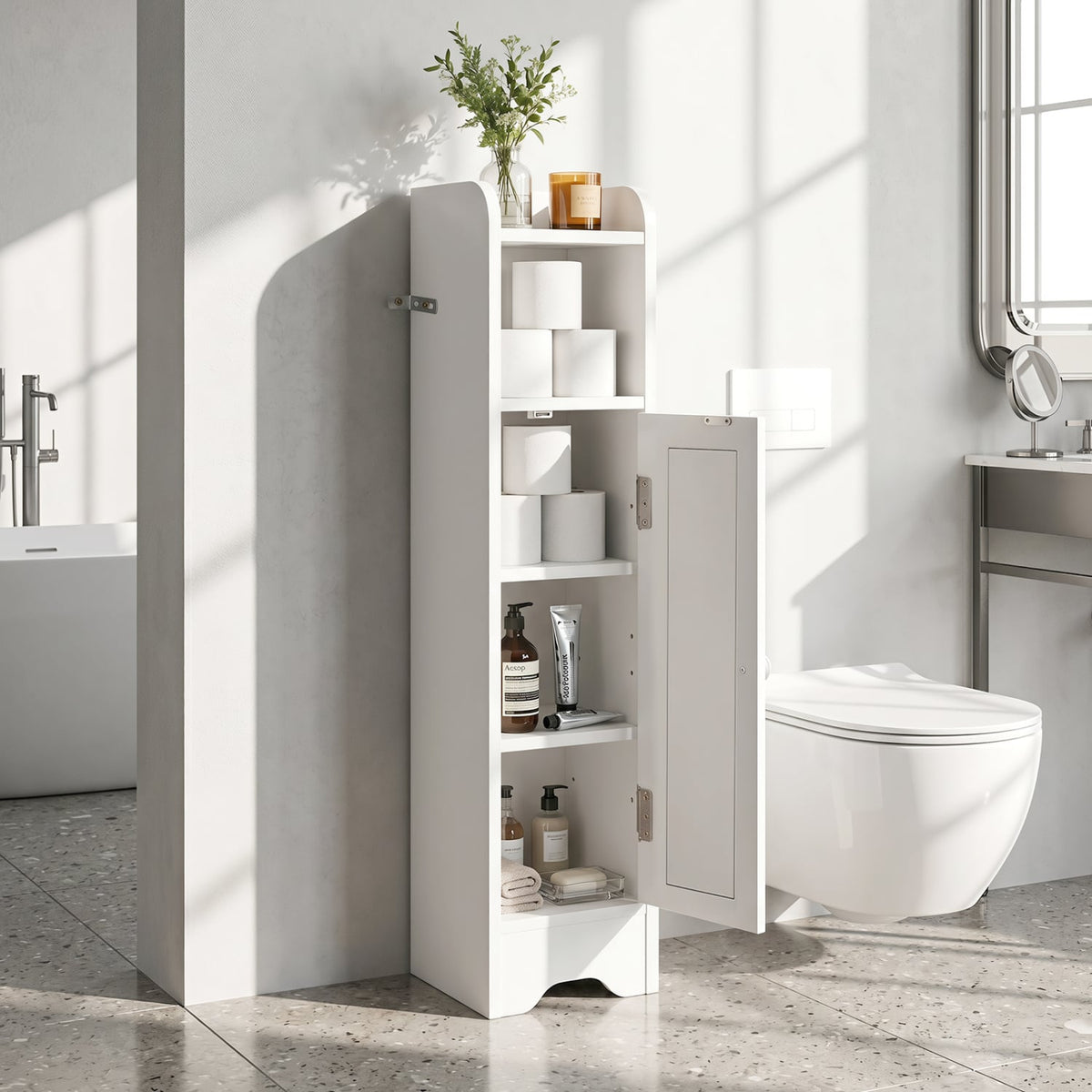 Slim Bathroom Cabinet - White 31.5" Corner Storage Organizer-Bathroom Floor Cabinets-DECOROLALA