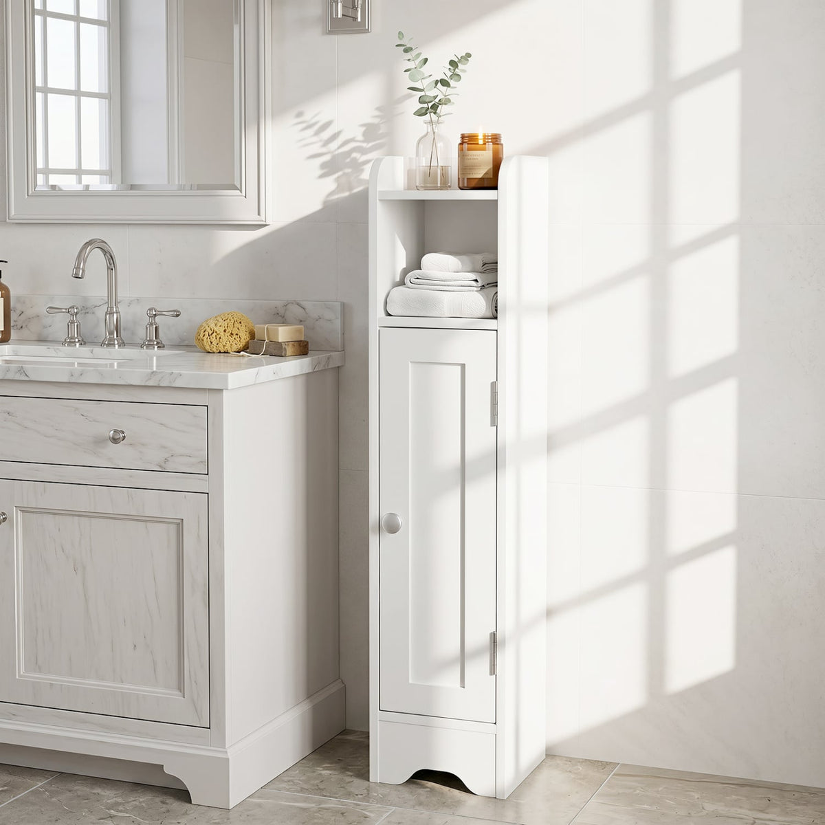 Slim Bathroom Cabinet - White 31.5" Corner Storage Organizer-Floor Cabinets-DECOROLALA