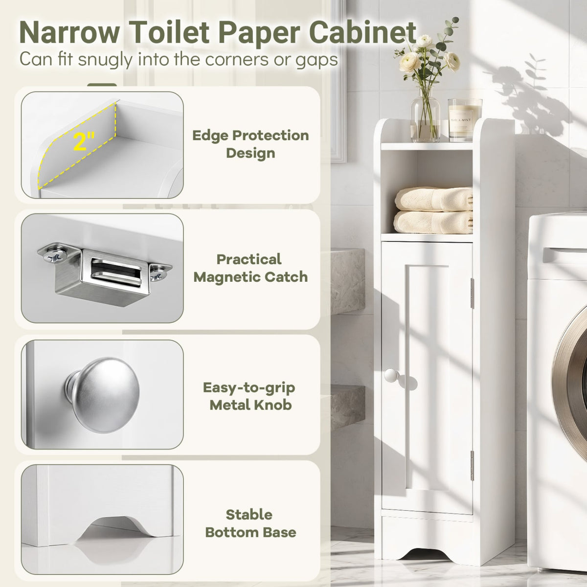 Slim Bathroom Cabinet - White 31.5" Corner Storage Organizer-Floor Cabinets-DECOROLALA