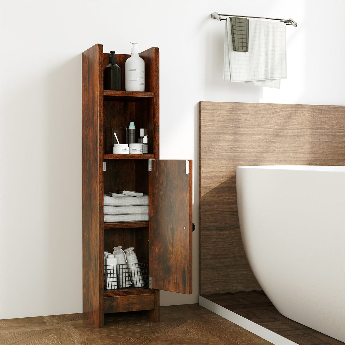 Slim Bathroom Corner Cabinet - Rustic Brown 8" x 7" x 31.5"-Floor Cabinets-DECOROLALA