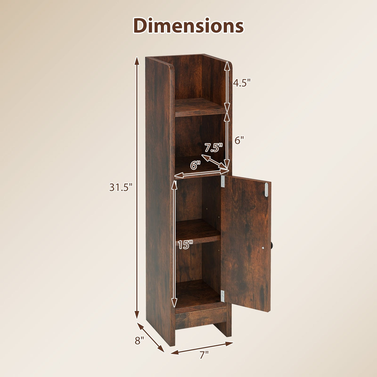 Slim Bathroom Corner Cabinet - Rustic Brown 8" x 7" x 31.5"-Floor Cabinets-DECOROLALA